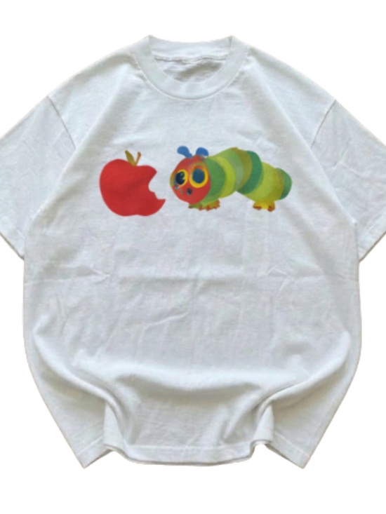 Tops - White Graphic Tee with Colorful Caterpillar and Red Apple